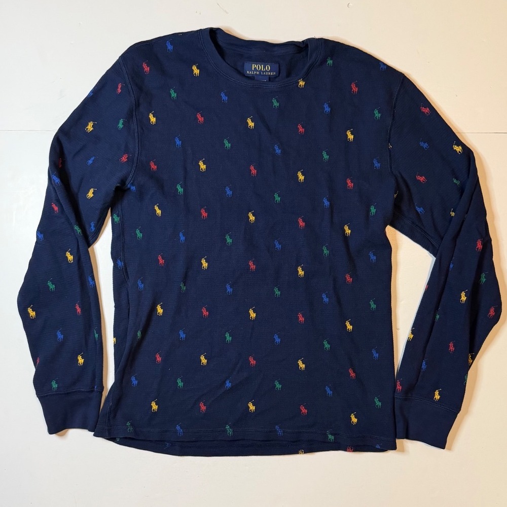 Polo Ralph Lauren Waffle Knit Mens Medium Navy Multi Color Pony Thermal